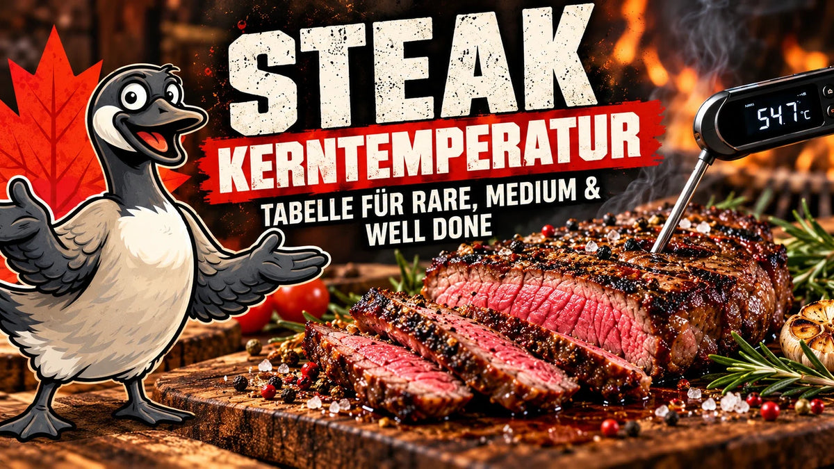 Gustav zeigt ein gegrilltes Steak mit Fleischthermometer – Kerntemperaturen für Rare, Medium und Well Done.