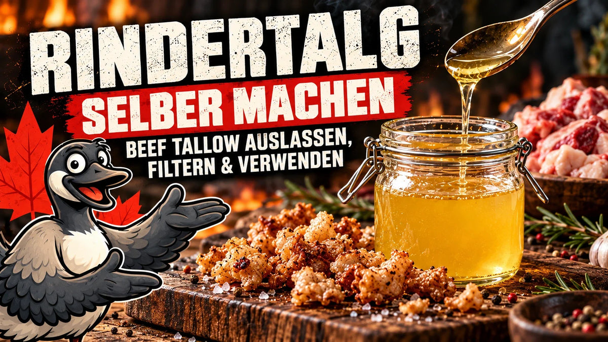 Gustav präsentiert goldenes Beef Tallow im Glas – Rindertalg selber machen, Rinderfett auslassen und filtern.