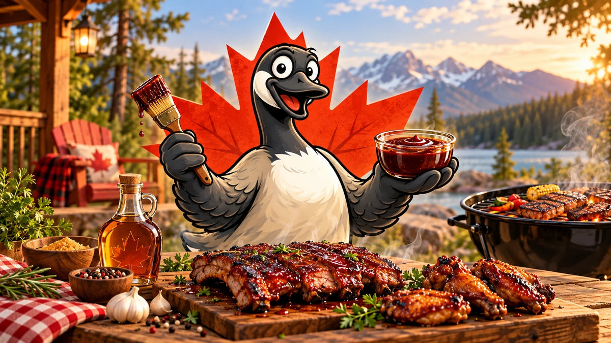 Gustav zeigt BBQ-Soße mit Ahornsirup, glasierte Rippchen und Ahornsirup vor kanadischer Kulisse.