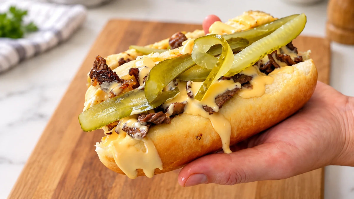 Philly Cheesesteak Sandwich mit Entrecôte, Käsesoße und Gurken