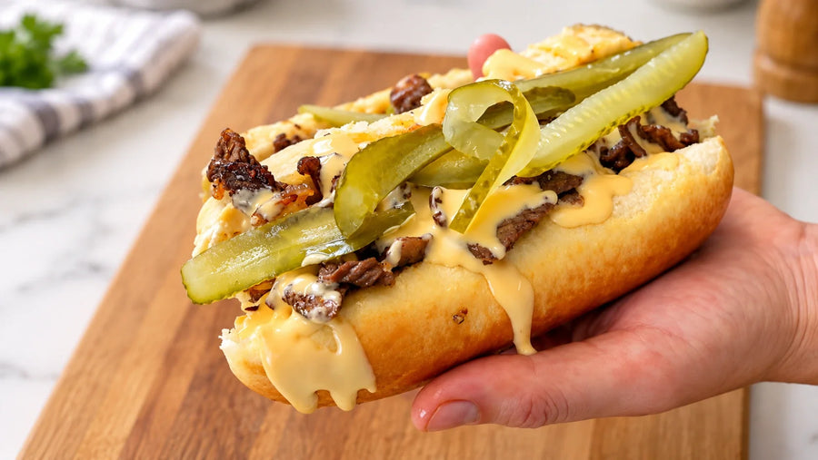 Philly Cheesesteak Sandwich mit Entrecôte, Käsesoße und Gurken