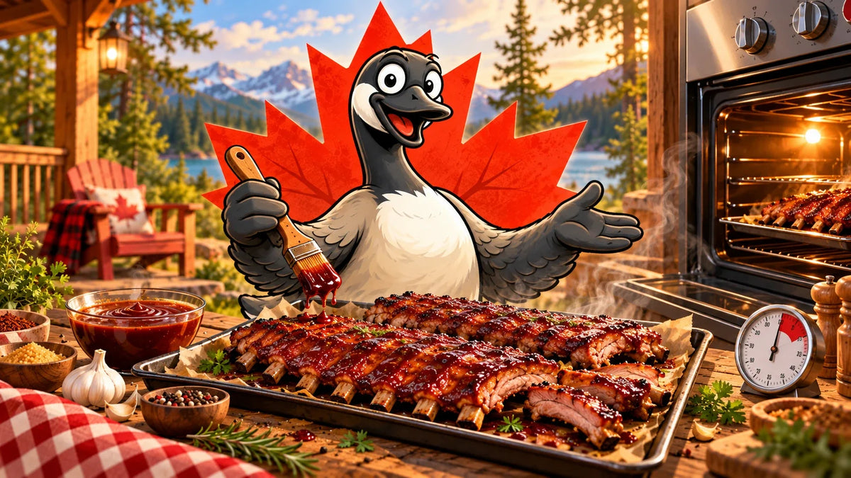 Gustav glasiert Spareribs mit BBQ-Soße auf einem Backblech neben einem geöffneten Backofen.