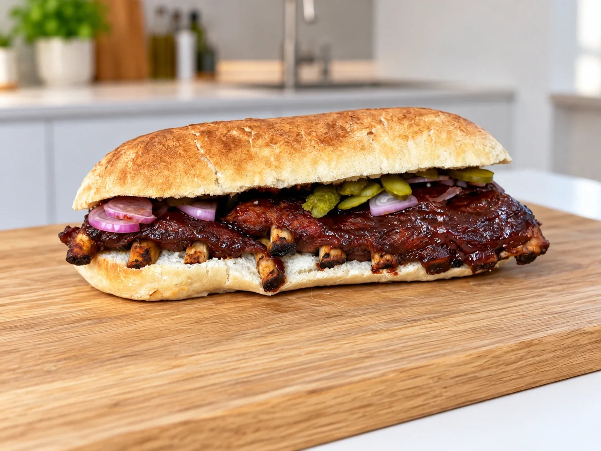 Spareribs Sandwich mit Canadian Taste BBQ Sauce, Gurken und roten Zwiebeln